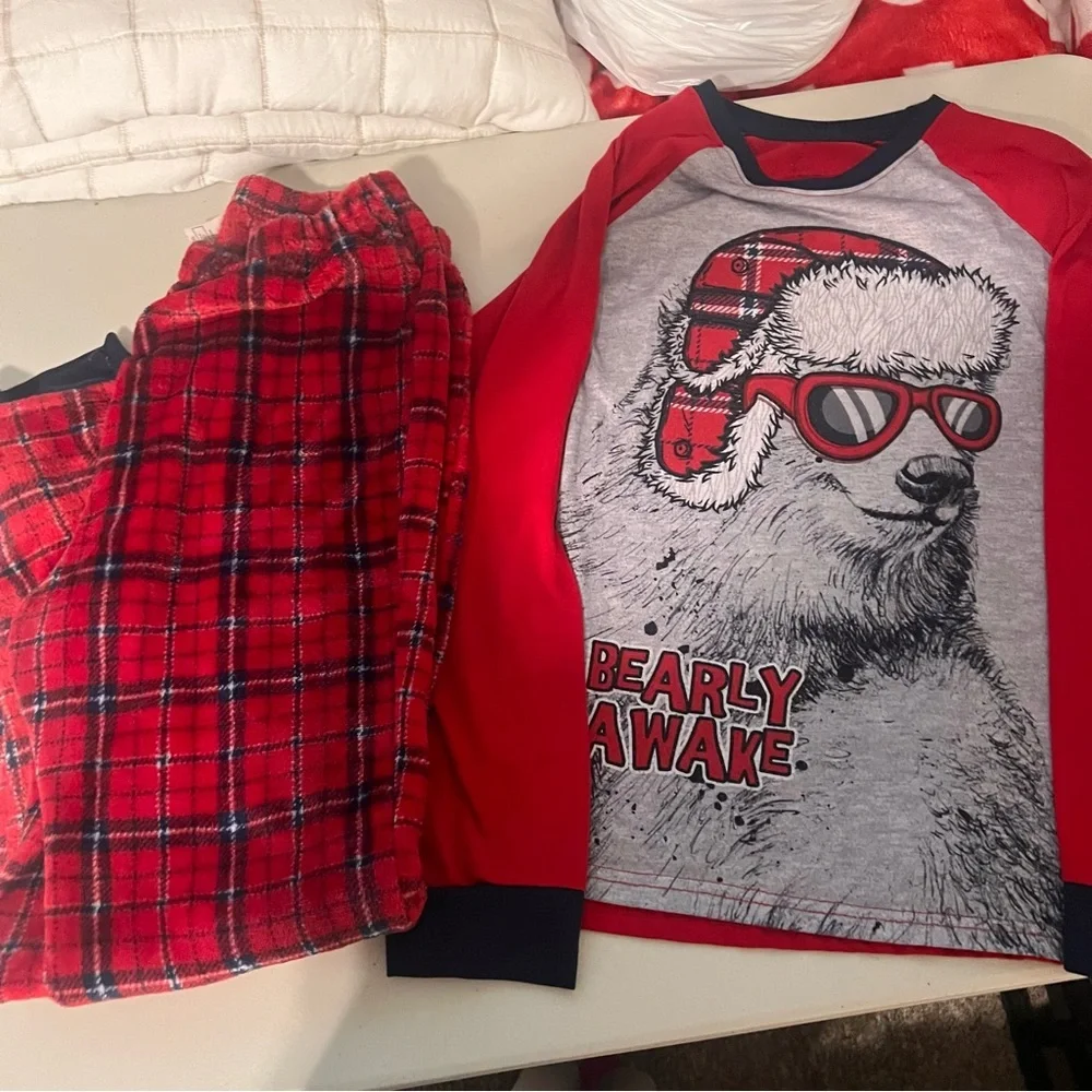 Pajama Bundle Red and Gray Long Sleeve, Shorts Sleeve Tees and Fleece Pant